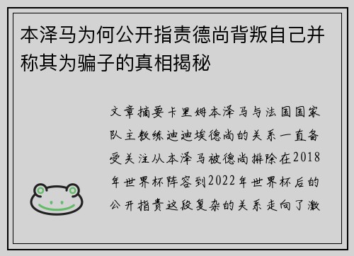 本泽马为何公开指责德尚背叛自己并称其为骗子的真相揭秘